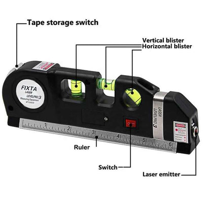 Fixta Laser Level Pro 3 – 5-in-1 Multi-Purpose Leveling Tool with Tape Measure & Laser Beam