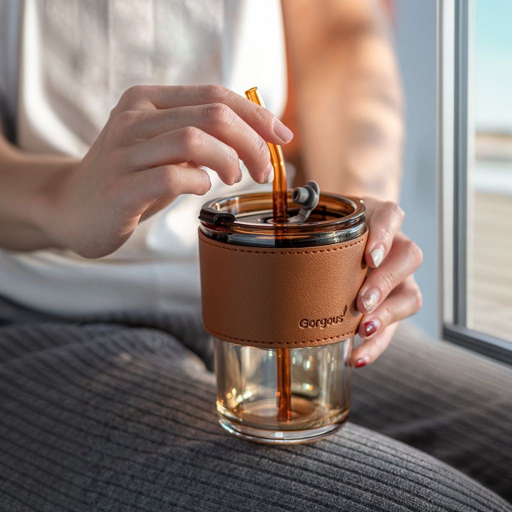 Leather Covered Glass Sipper Cup with Straw