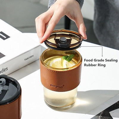 Leather Covered Glass Sipper Cup with Straw
