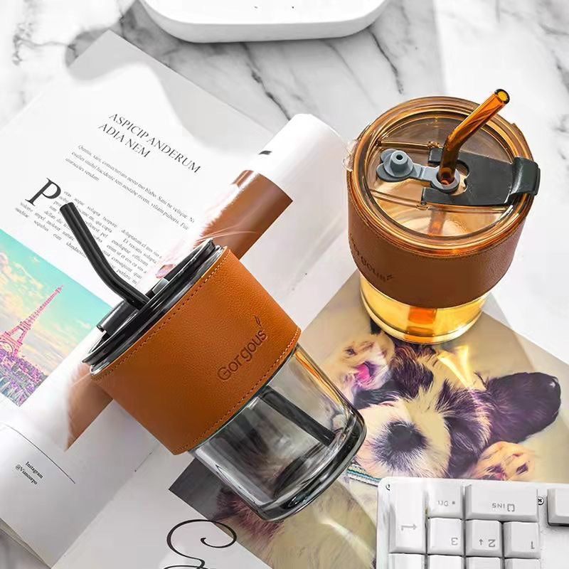 Leather Covered Glass Sipper Cup with Straw