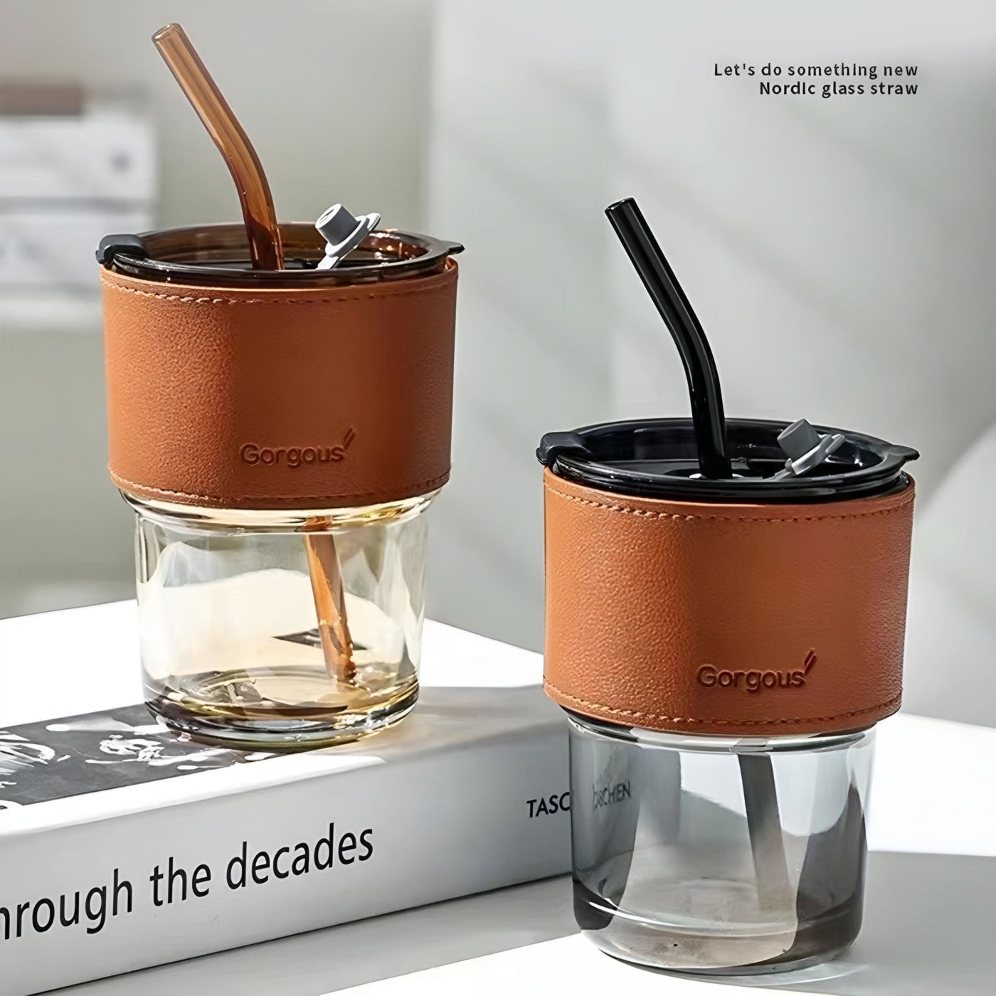 Leather Covered Glass Sipper Cup with Straw