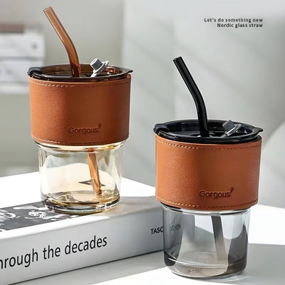 Leather Covered Glass Sipper Cup with Straw