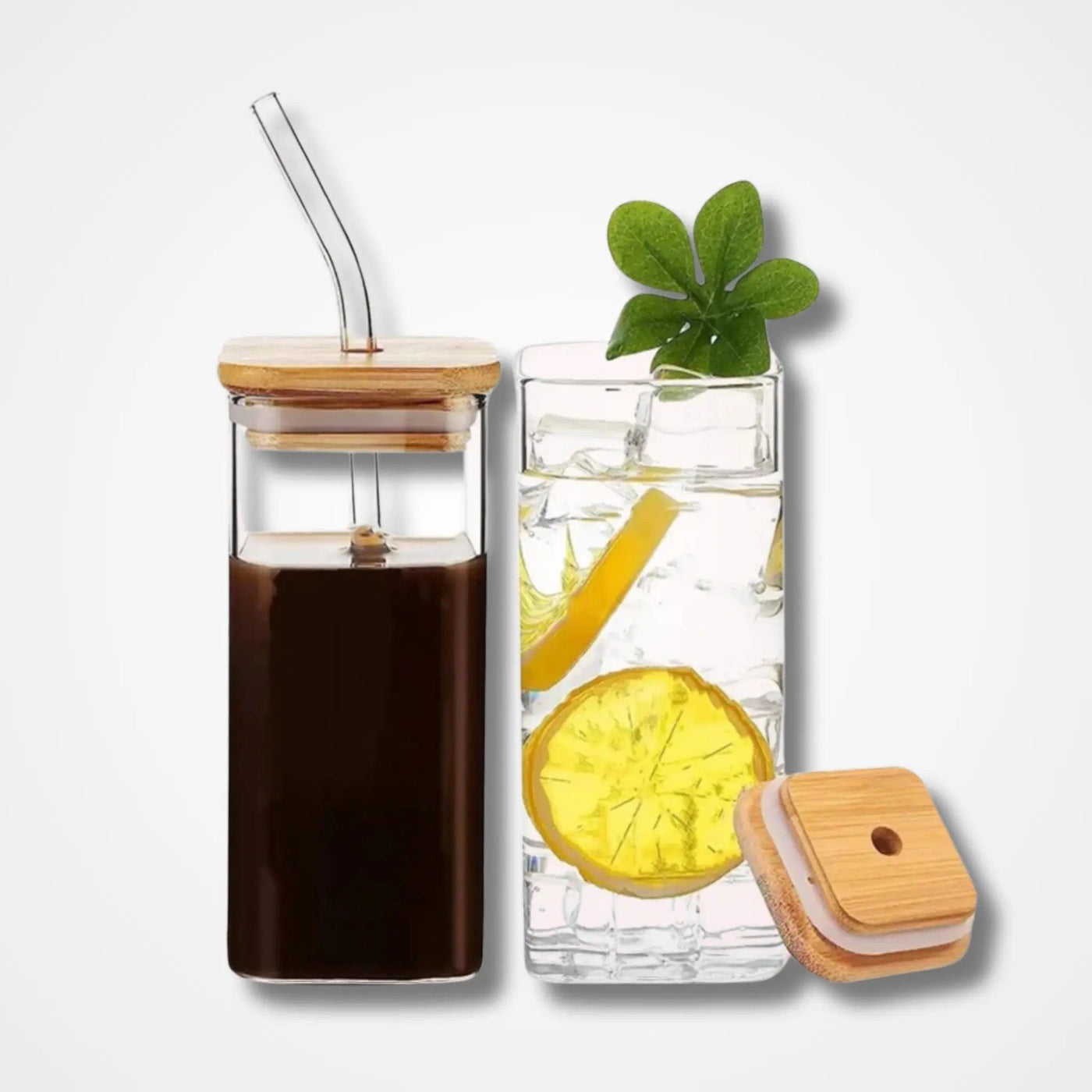 Square Glass Tumbler with Bamboo Lid & Glass Straw