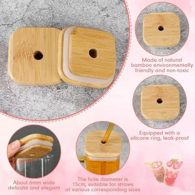 Square Glass Tumbler with Bamboo Lid & Glass Straw