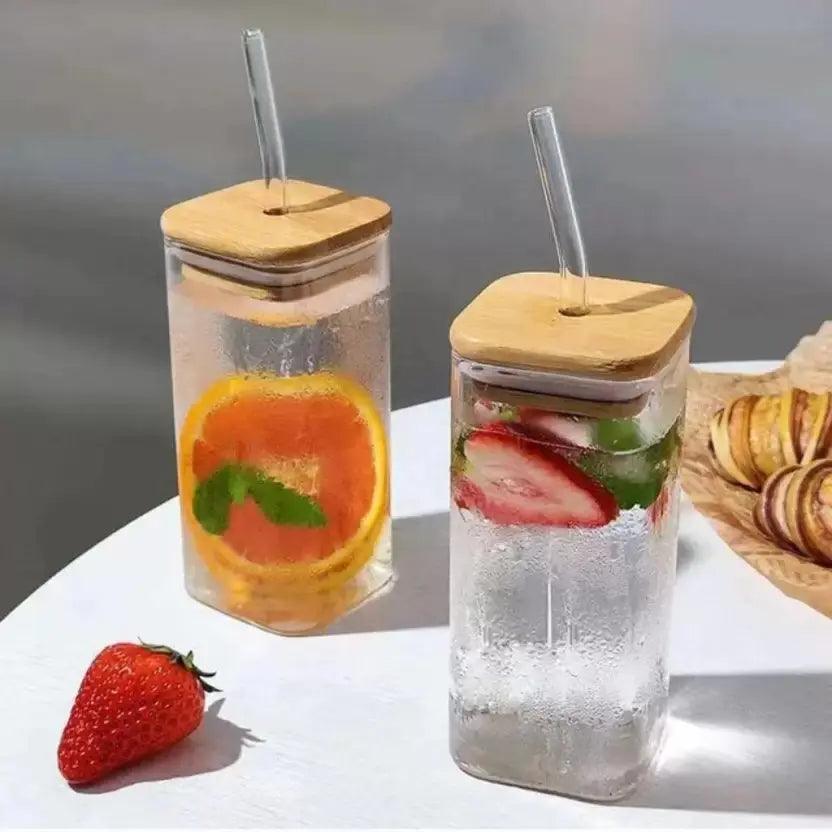 Square Glass Tumbler with Bamboo Lid & Glass Straw